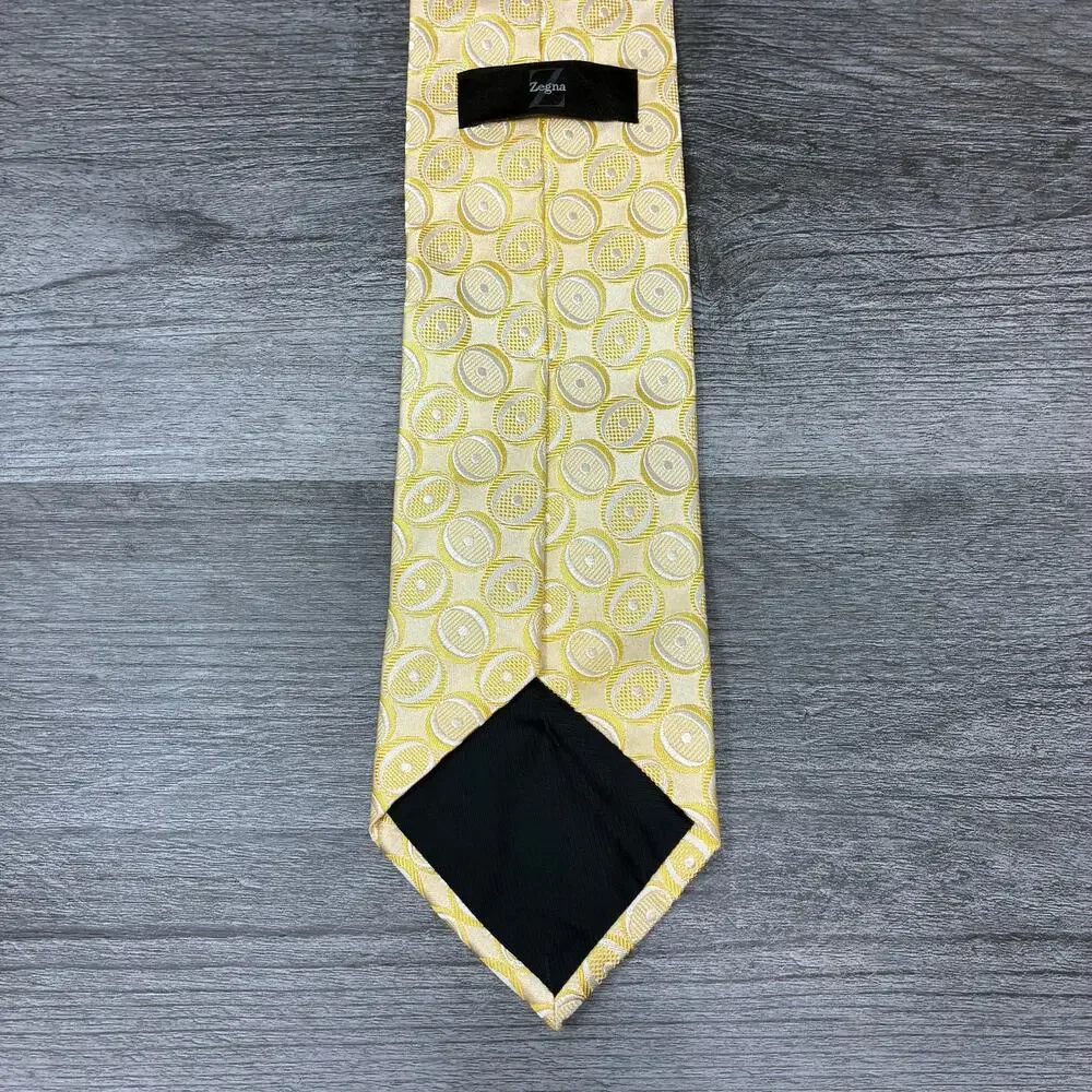 Zegna 100% Silk Tie Made in Italy Gold Cream Geometric 3.5